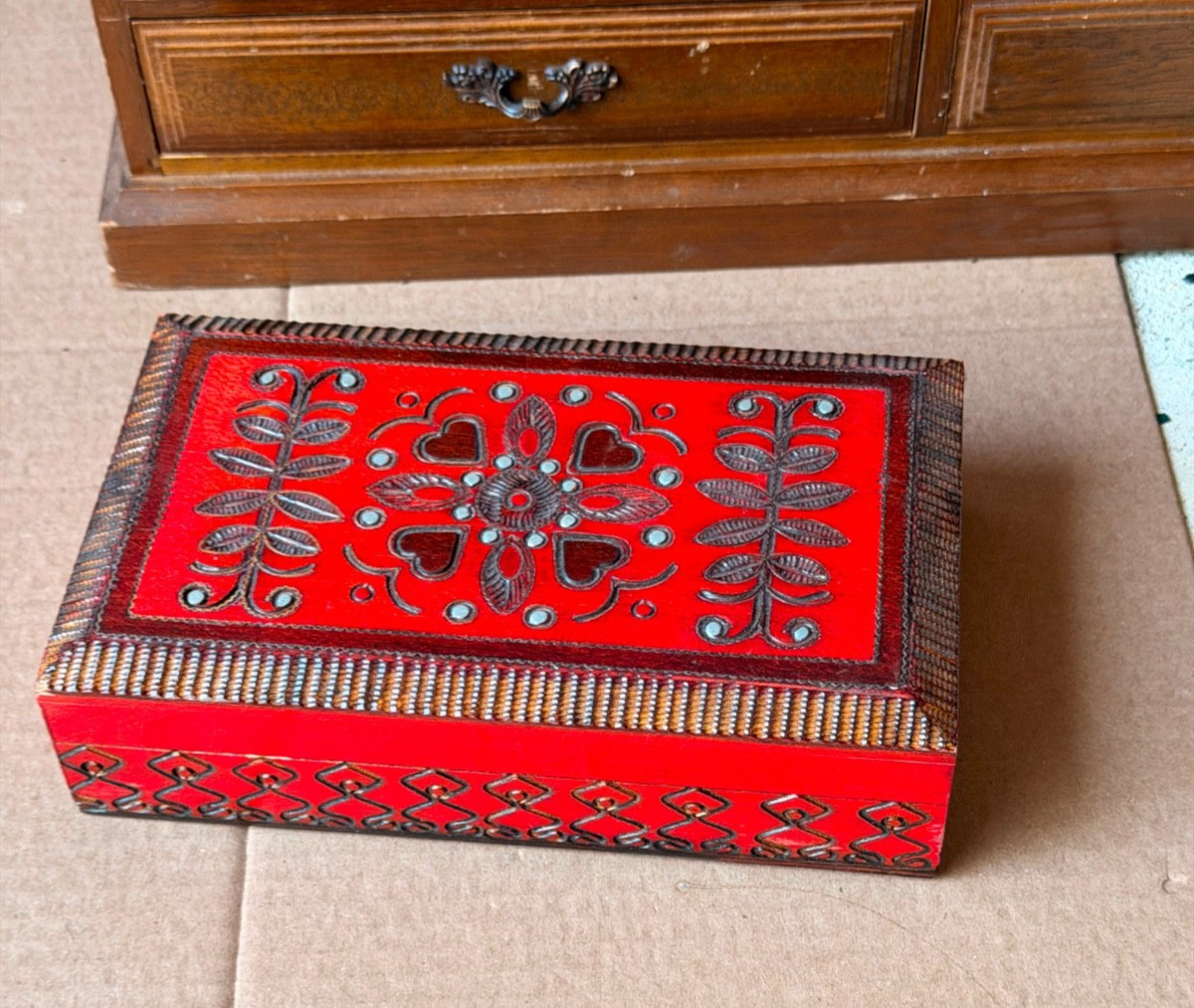 Vintage Red Pyrography Wood Jewelry Box Heart Floral Folk Art Design