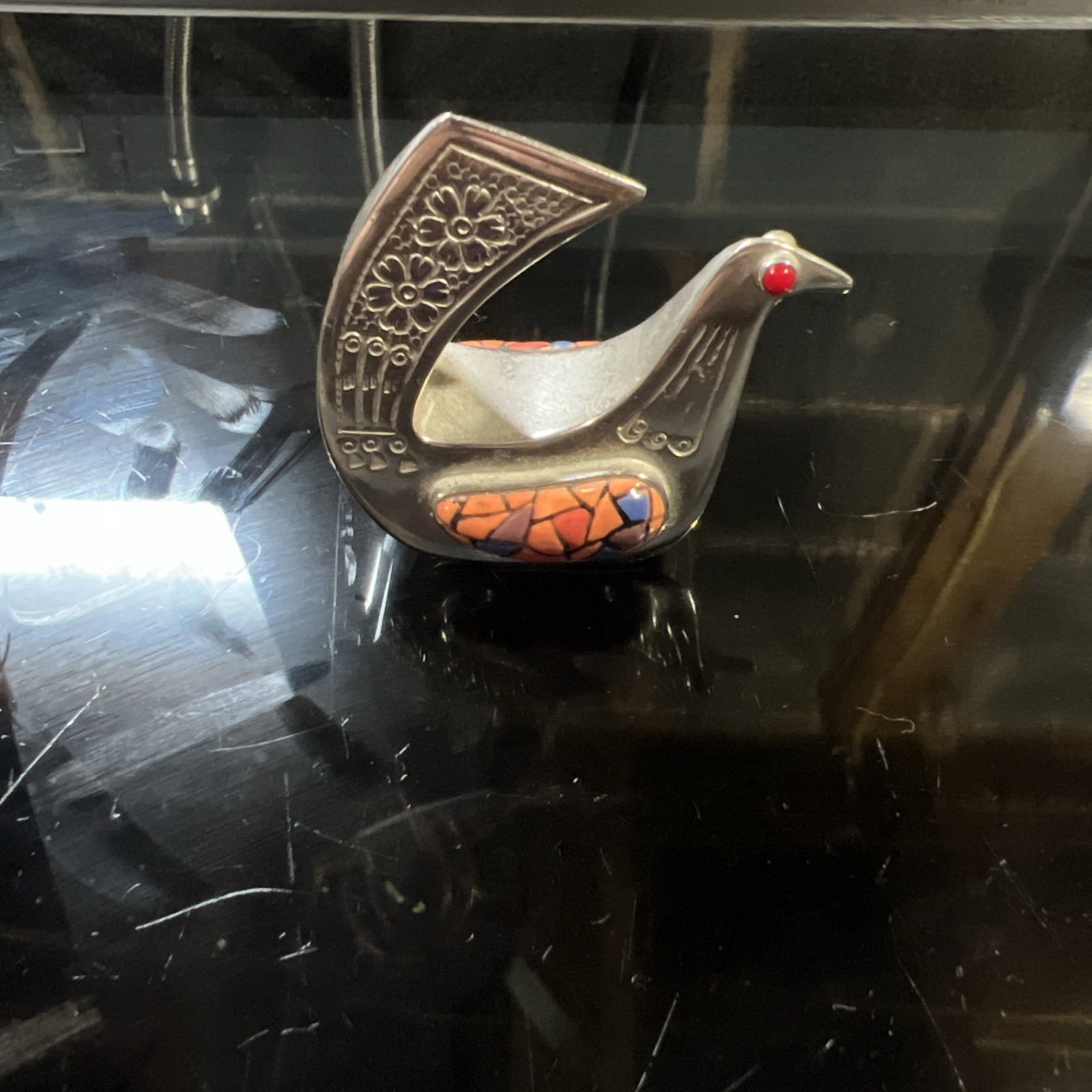 Vintage JOAQUIN TINTA Metal Silver Bird Sculpture Figurine Colorful Mosaic 3″