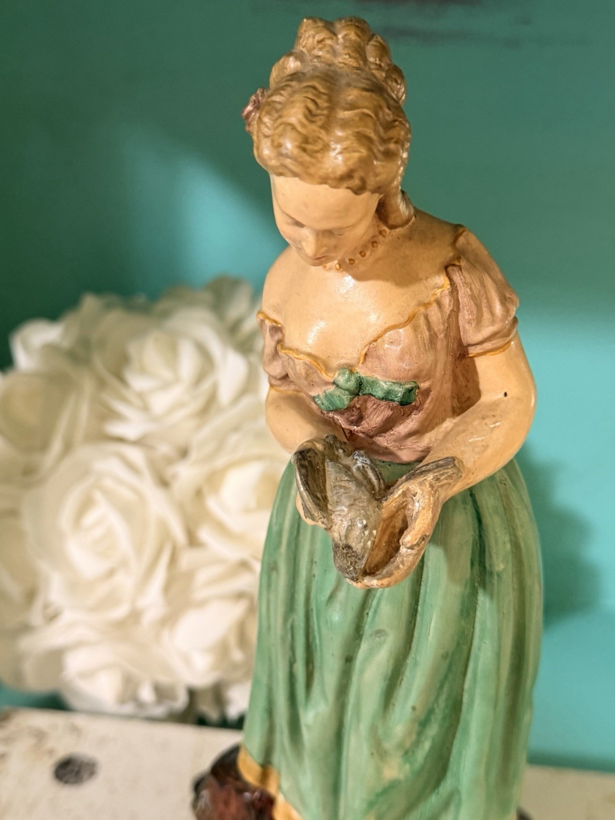VTG Borghese Handpainted Peasant Girl Holding a Bird Chalkware Figurine 11″ USA