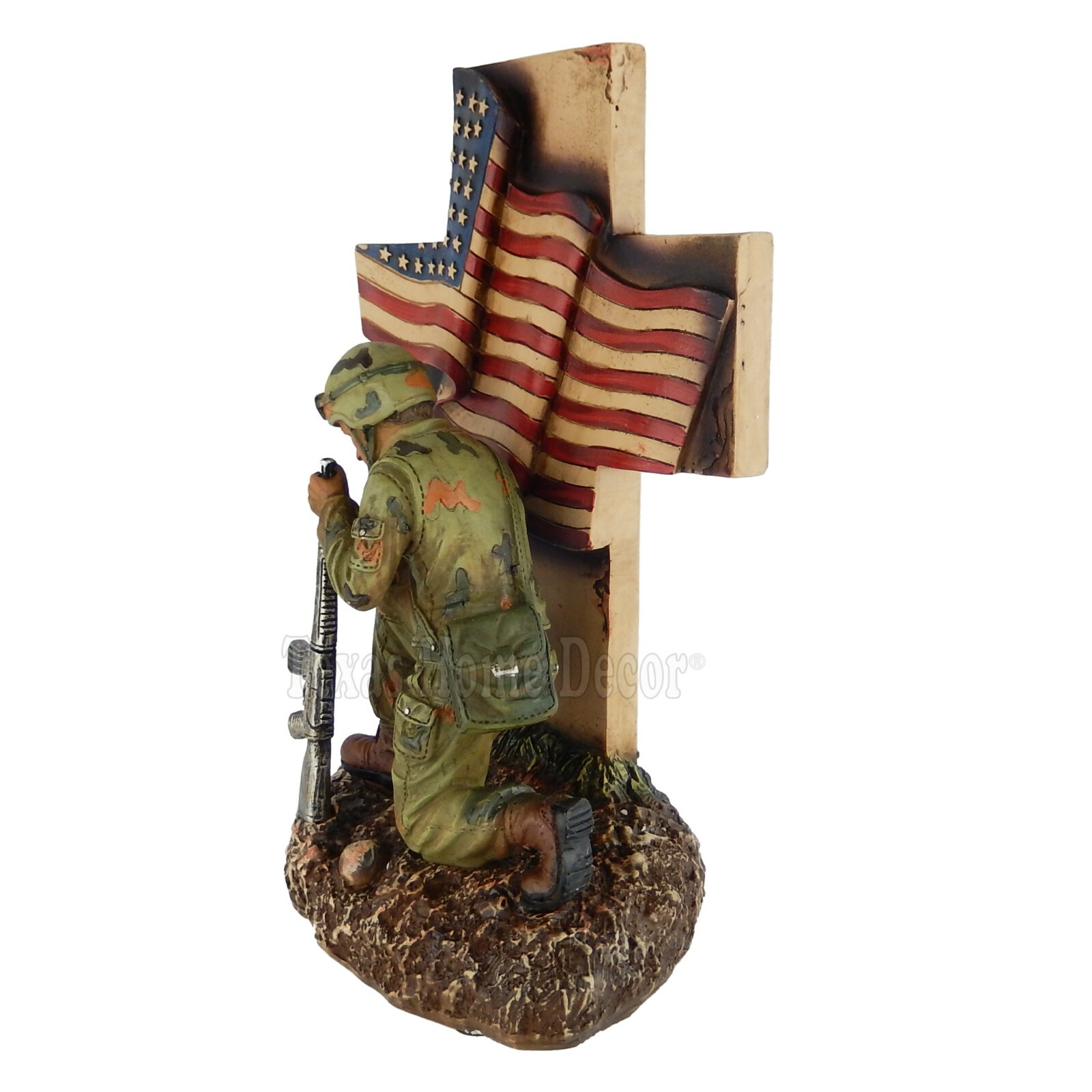 Kneeling Soldier Figurine American Flag Religious Cross Patriotic Decor 10 inch
