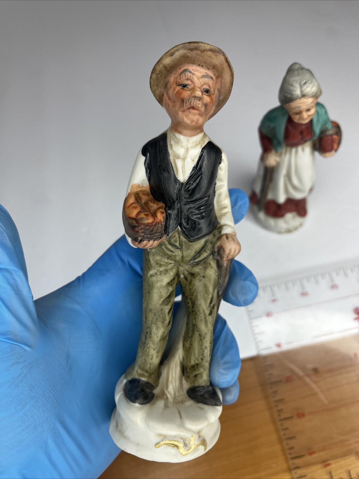 VINTAGE 1970’s Old Man and Woman Set 6.75” Porcelain Figurines Farmers Basket