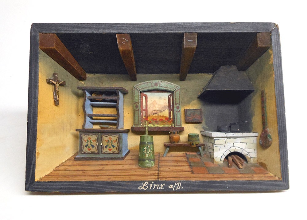 Vintage 3-D Diorama Cabin Farmhouse Room Hand-Carved Wood Shadow Box Wall Art