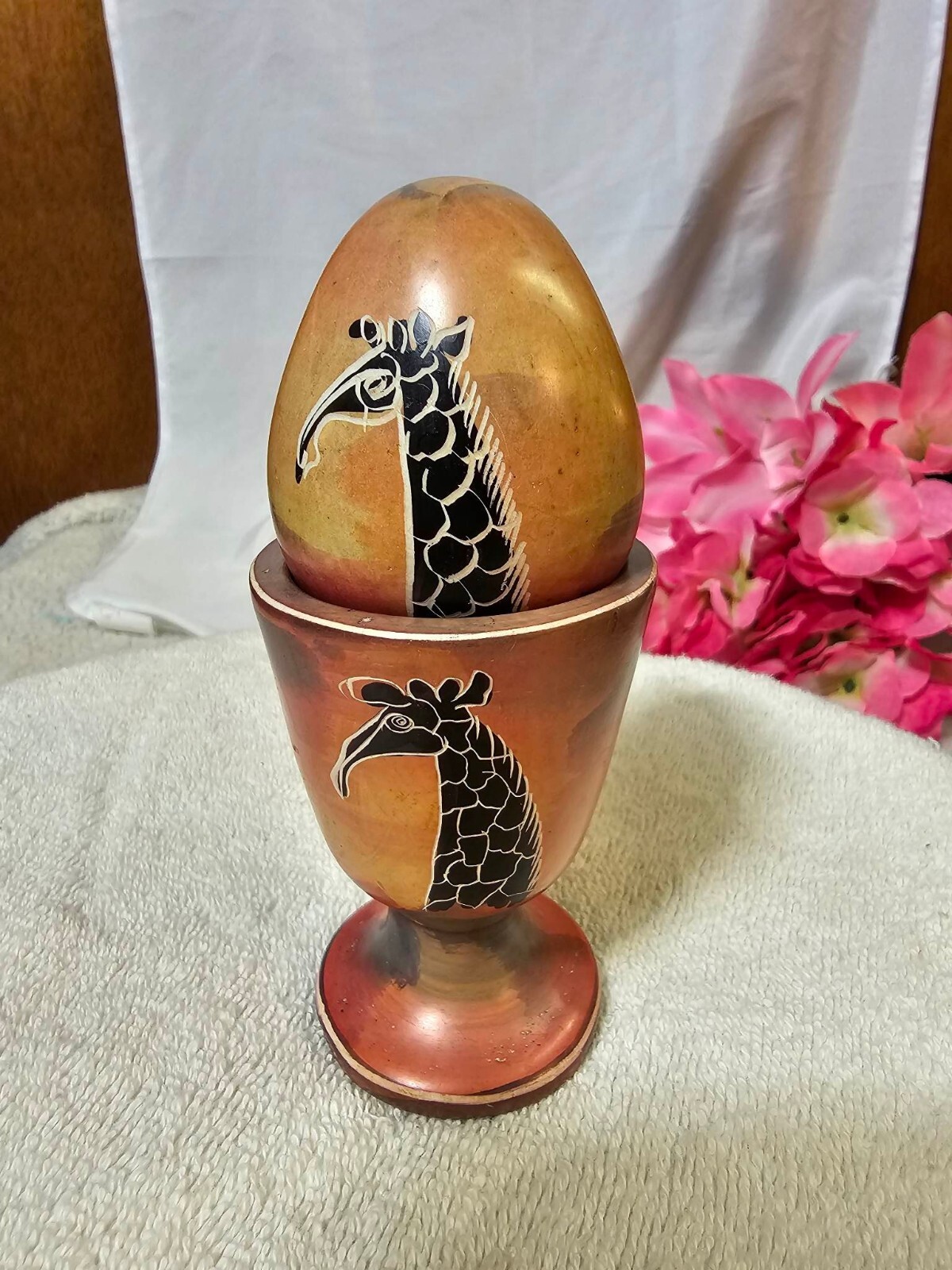 RARE Vtg Soapstone kenya Egg Shaped Easter Giraffe/ Zebra Figurine w Cup Holder