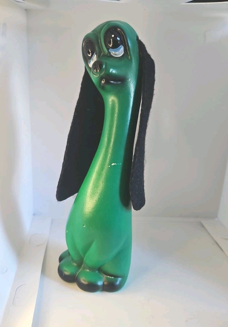 Vintage 8.5″ Made in Japan Green Sad Eye Dog Figurine w/ Felt Ears Mid…