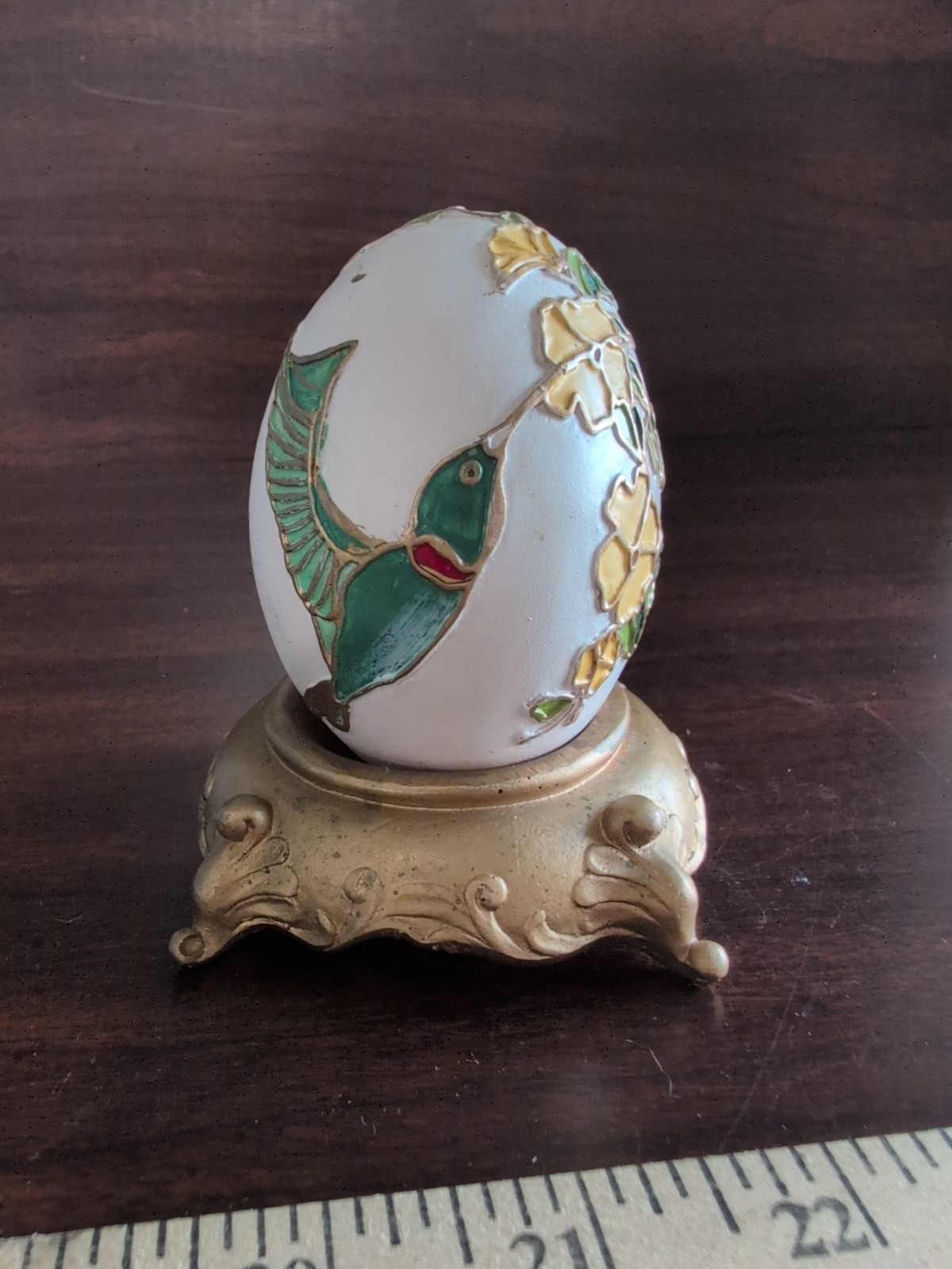 Hand Painted Hummingbird Wooden Egg On Gilted Gold Wood Stand Cottagecore Decor