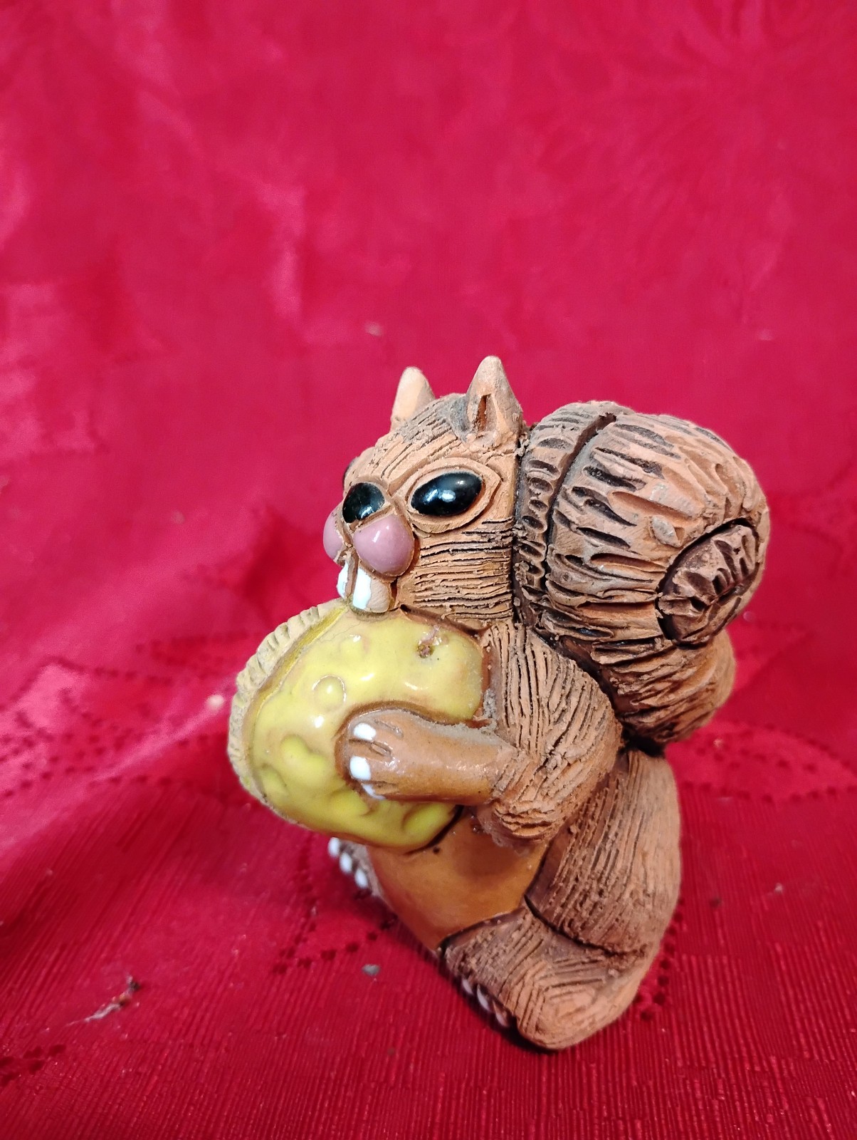 Squirrel With Nut Ceramic Figurine Glazed Pottery 3″ Tall Vintage