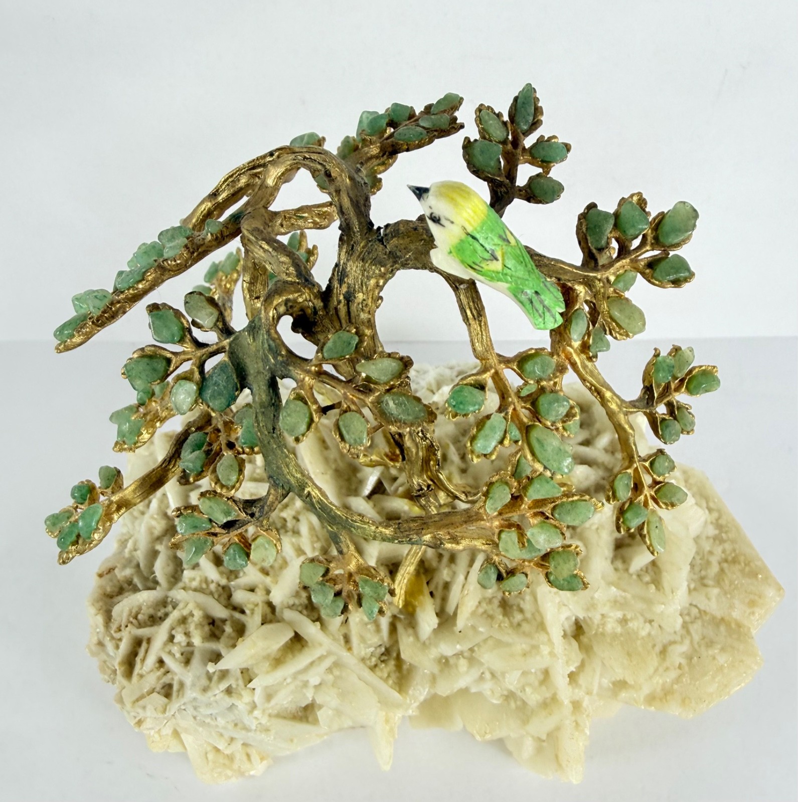 Swoboda Jade Leaves Tree With Bird Gold Trunk Branches Mineral Base VTG 60s