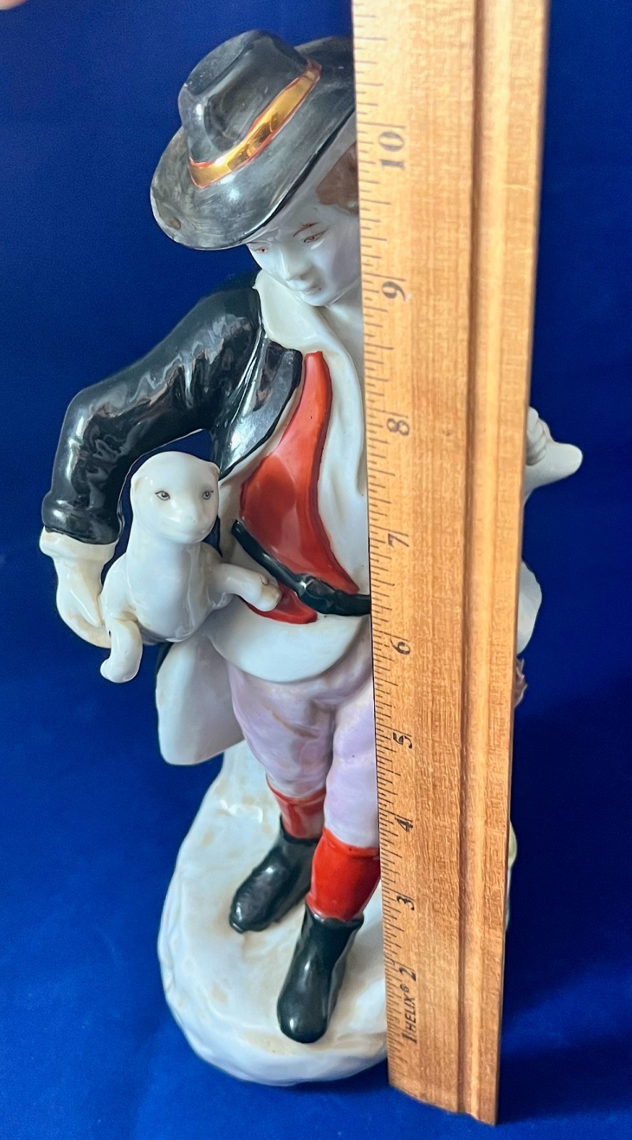 Figurine Enamel Porcelain Boy & Dog, 10.5” Tall, Vintage Early-Mid 20th Century