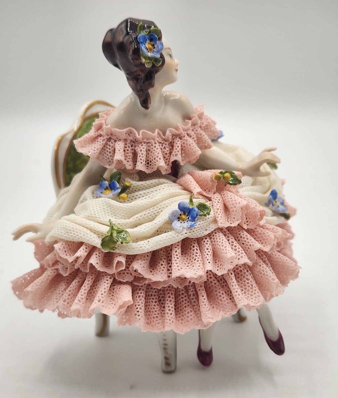 Antique German Volkstedt Dresden Lace Porcelain Figurine Lady On Sofa 5″× 5.5″