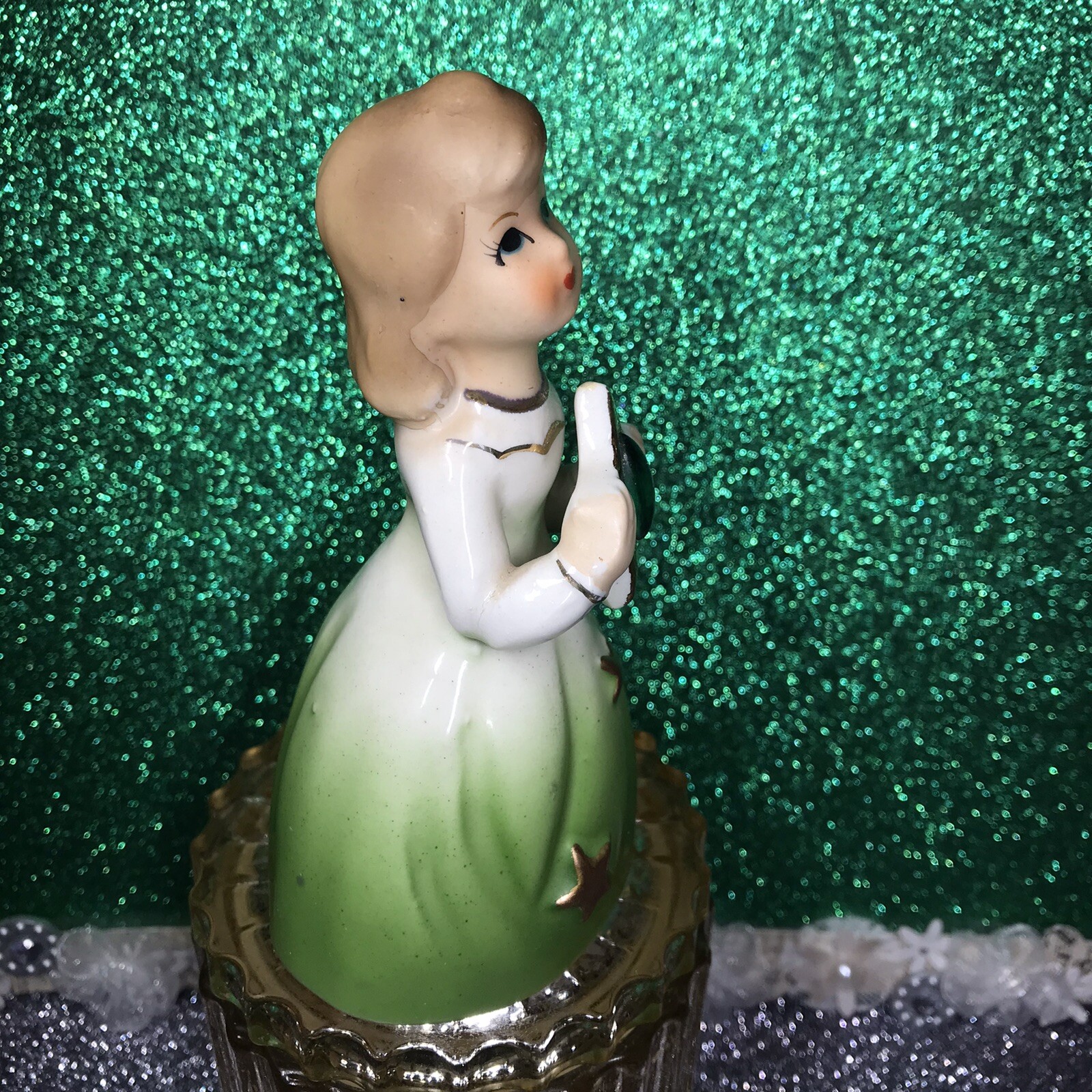Vtg Ucagco Girl Holding Gold Star With Green Gem & Gown Christmas Figurine Japan