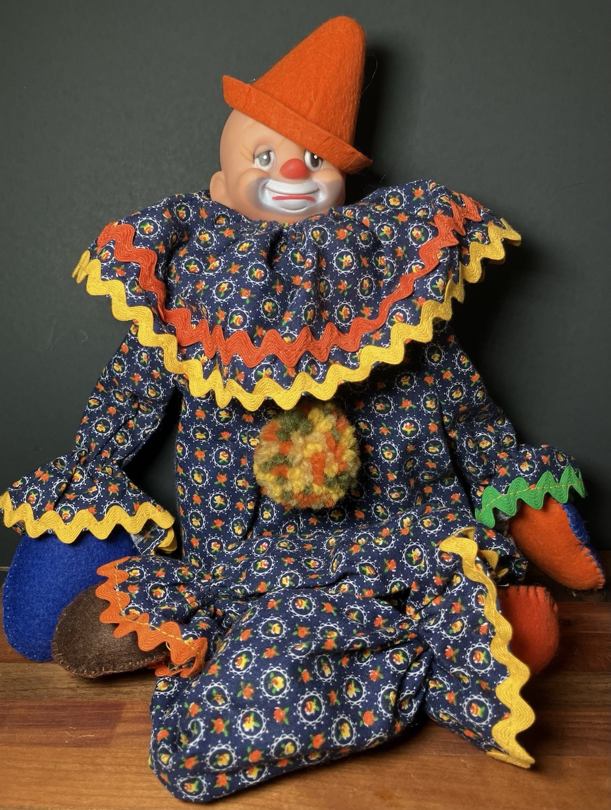 Vintage Handmade Block Clown Circus Costume Shelf Sitter Orange Blue Brown 19”