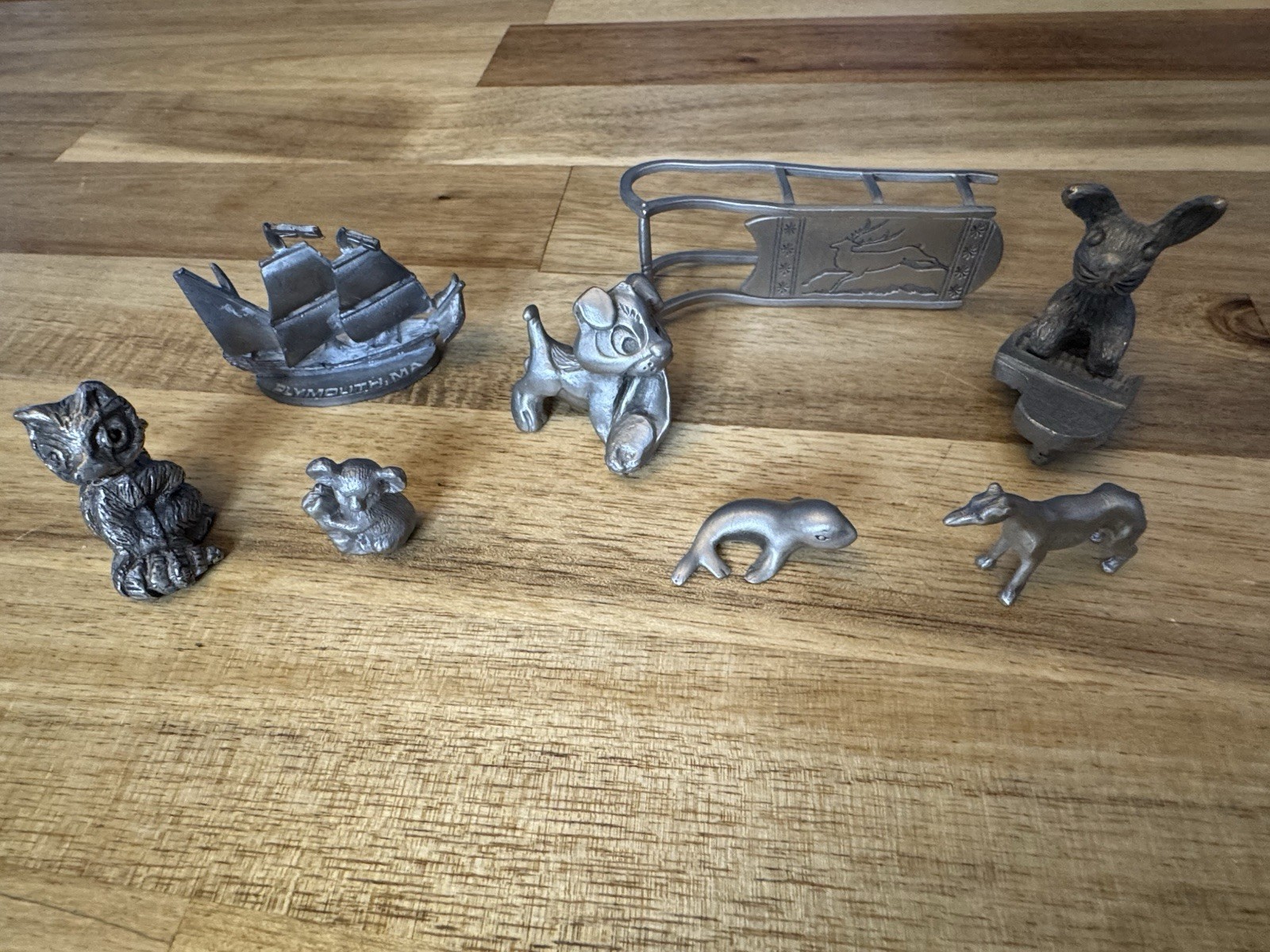 Mini Pewter Figurines Animals Ship Sled Dog Seal Rabbit Raccoon Koala Lot Of 8