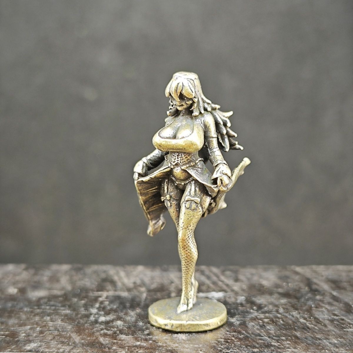 Brass Beauty Lifting Dress Mini Statue, Cute Anime Girl with Black Stockings