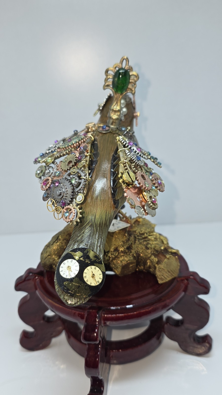 Steampunk wood Bird Figurine Clockwork parts Jewelled limited Edit Handcarved
