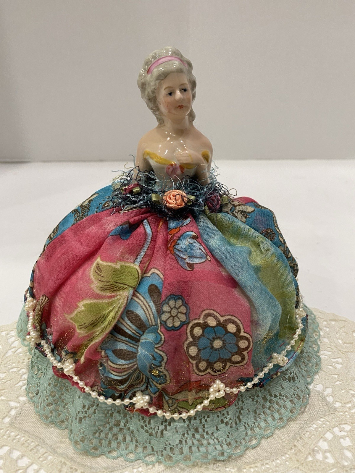 Vintage Germany Porcelain Vanity Half Doll Pin Cushion Dress Victorian Blue Pink