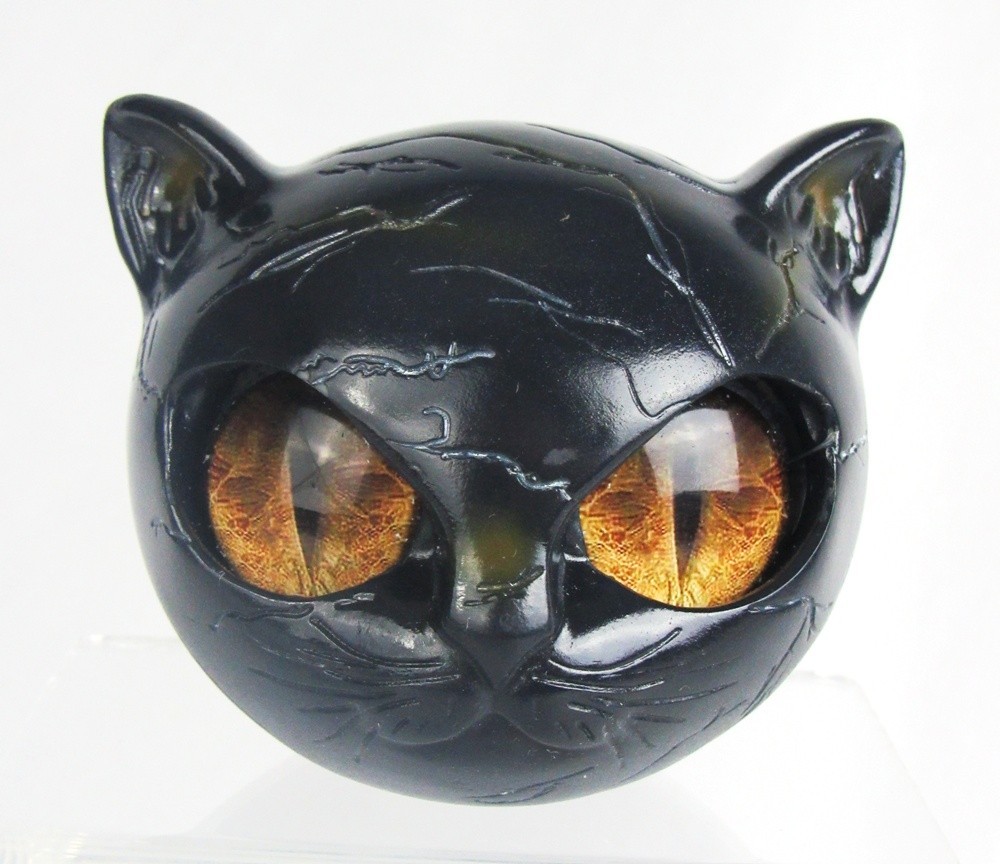 Black Cat Head Yellow Eyes Resin Faux Stone Marble Figurine Halloween Decor