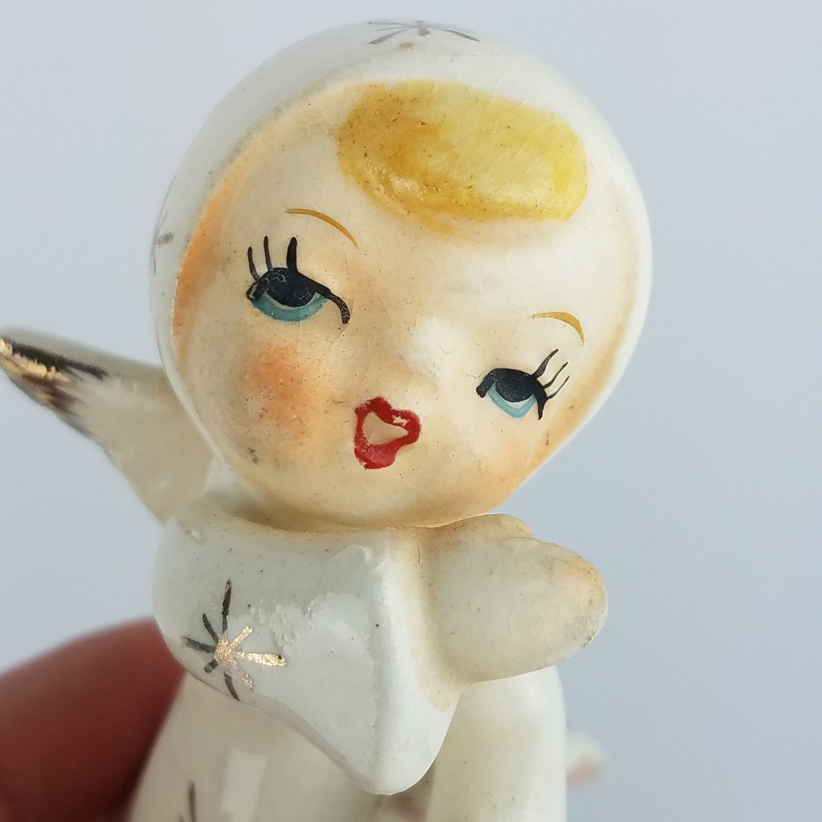 50s Dancing Angel Figurine Red Japan Atomic Star Robe Pink Dress Gold Trim MCM