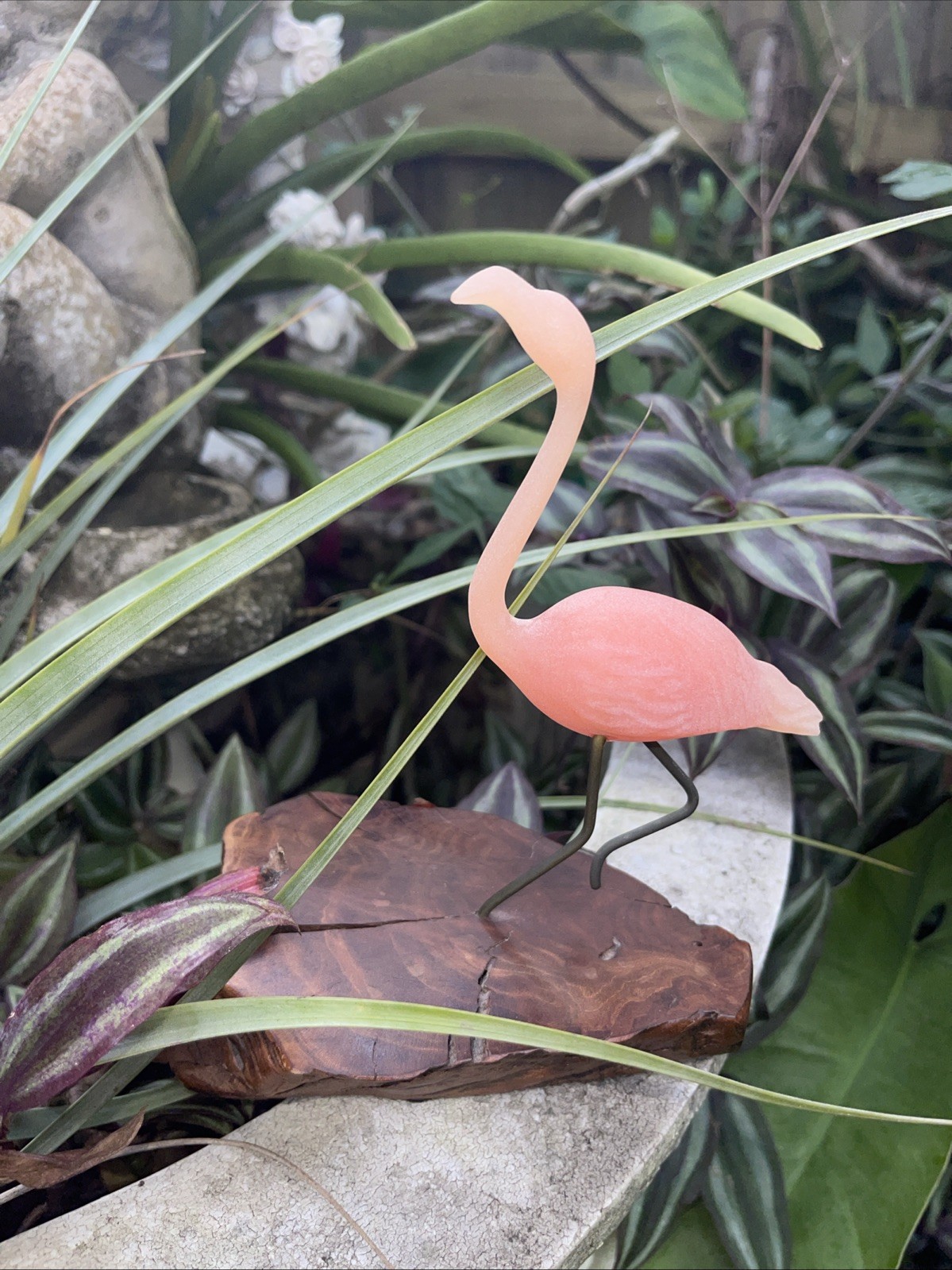 Signed John Perry Resin Pink Flamingo Sculpture Burl Wood Base 6.5” 1986 Vtg