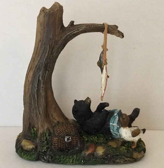 Bear figurine, w/ dangling Fish, Ducks, Resin, 7-1/2” x 6-5/8”