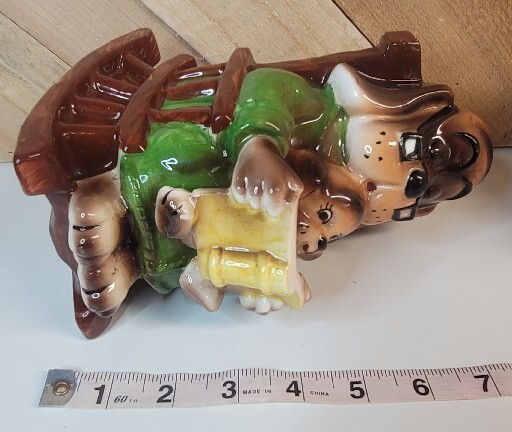 Lefton Piggy Bank Anthropomorphic Dog /Cat + Puppy / Kitten In A Rocking Chair