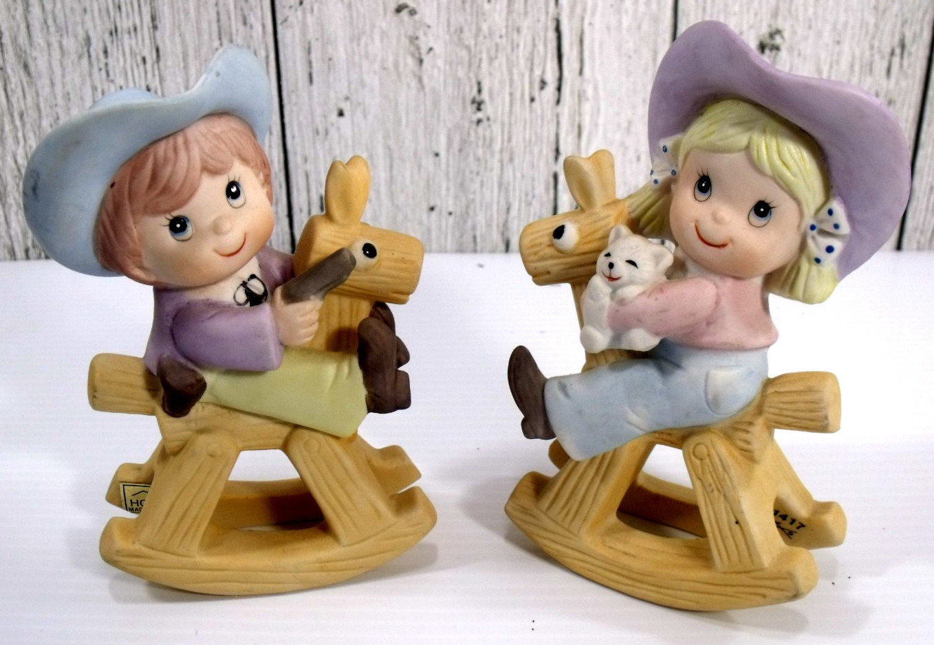 Vintage Homco Little Cowboy & Cowgirl on Rocking Horse Set #1417