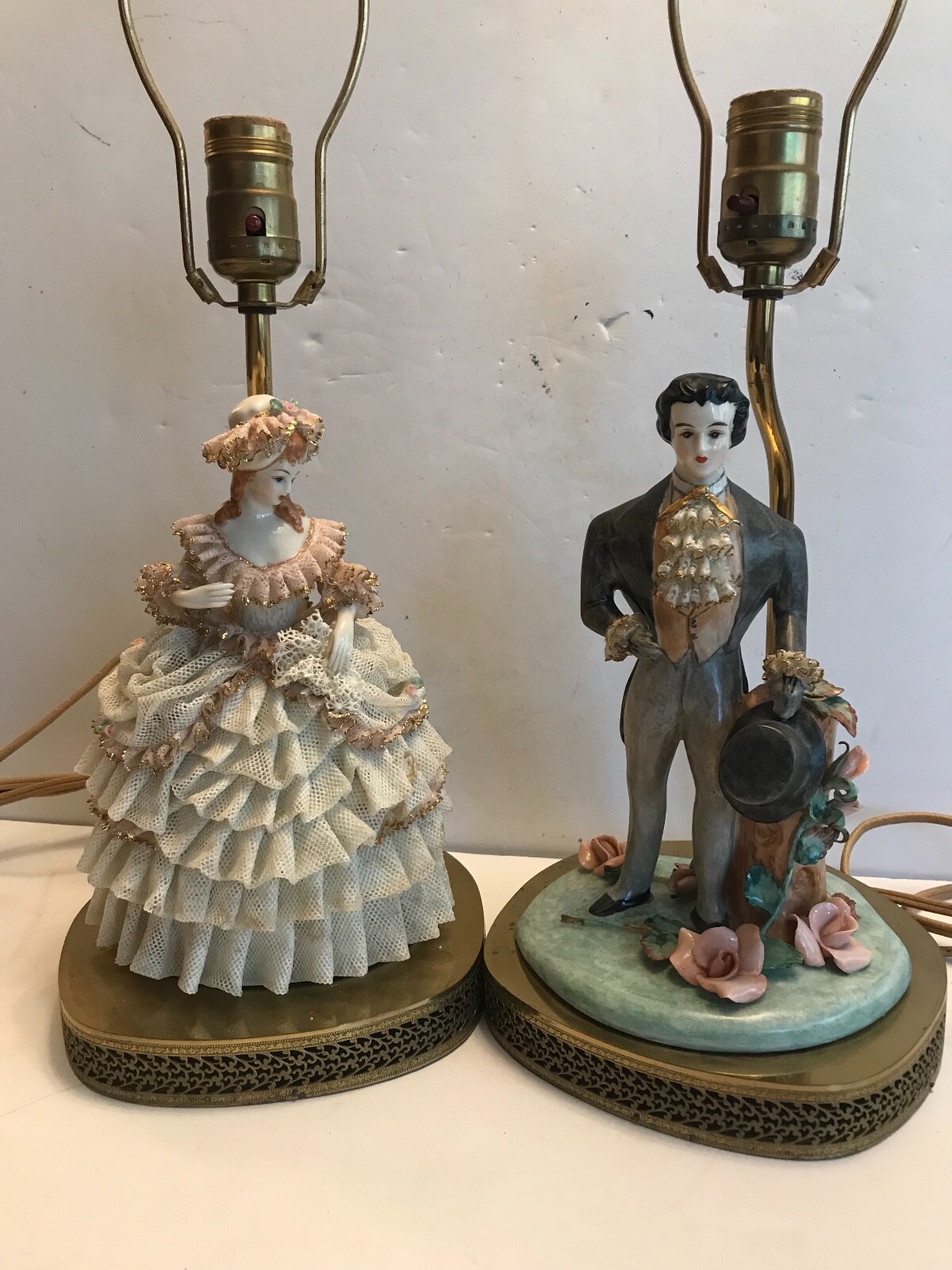 ANTIQUE/VINTAGE PAIR OF BOUDOIR LAMPS – LADY/DRESDEN LACE DRESS, MAN IN TAILS