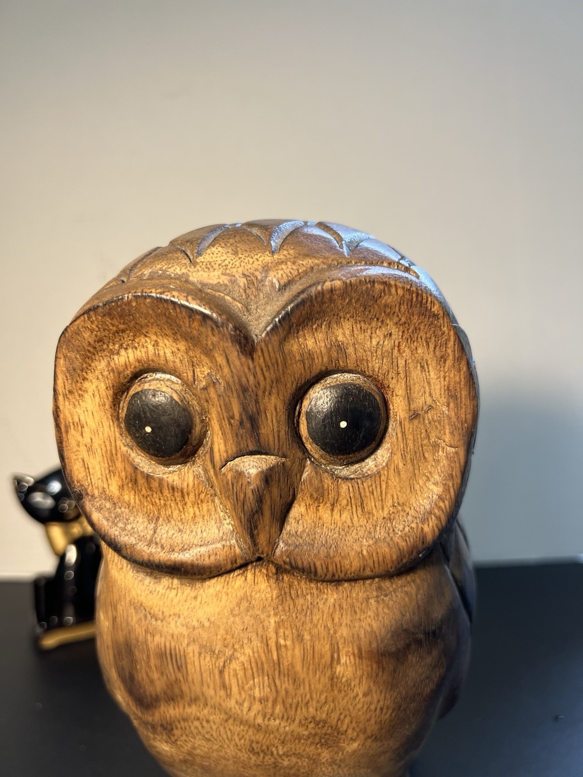 Thailand Vintage 1990s Hand Carved Raintree Wood Owl Figurine Sculpture, 10”