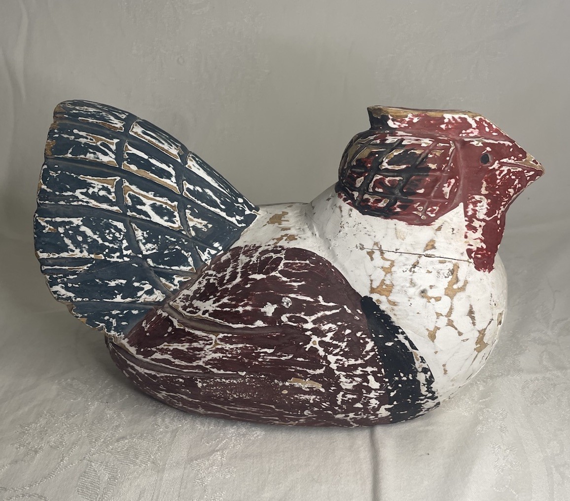 Vintage Folk Art Wooden Carved Chicken Painted Rustic Collectible Wood Farm Hen