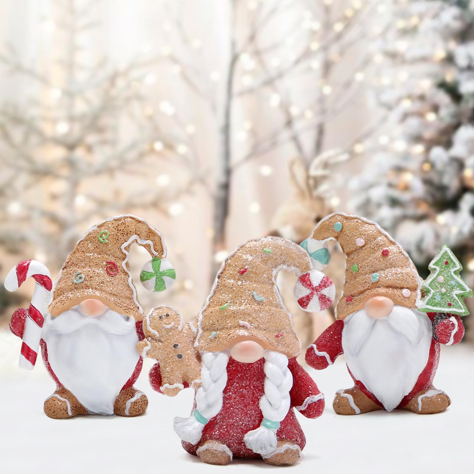 Christmas Gnome Figurines Set of 3, Hand-Painted Resin Gingerbread-Style Mini…