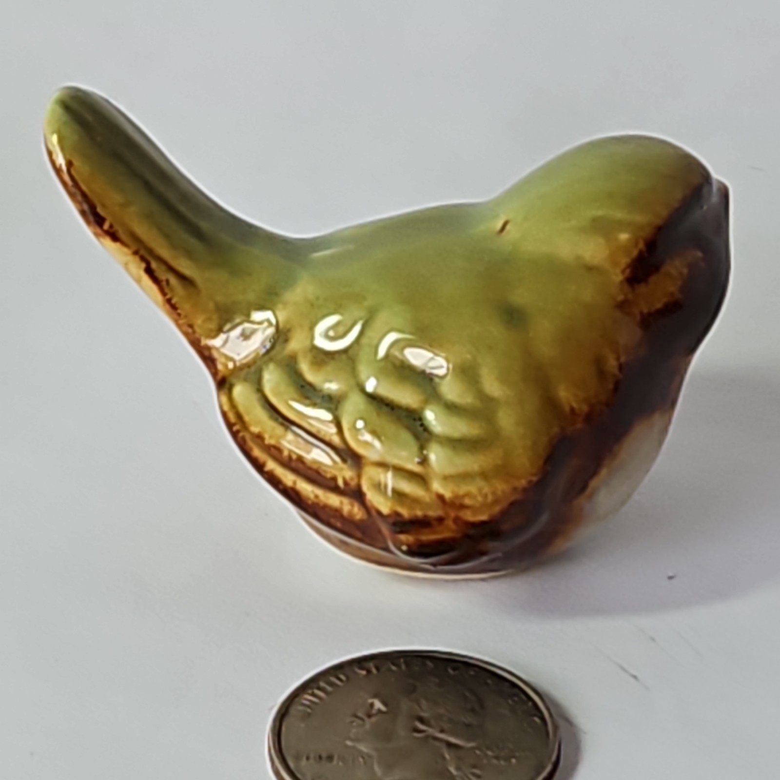 Set of 3 Ceramic Sparrow Bird Miniature Figurine Brown Green Glazed Pottery
