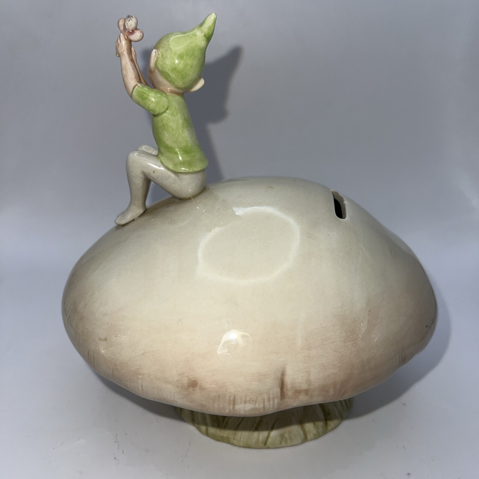 Vintage WINTERTHUR Pixie Elf On A Mushroom Bank J.Willfred Sadek Signed: Andrea