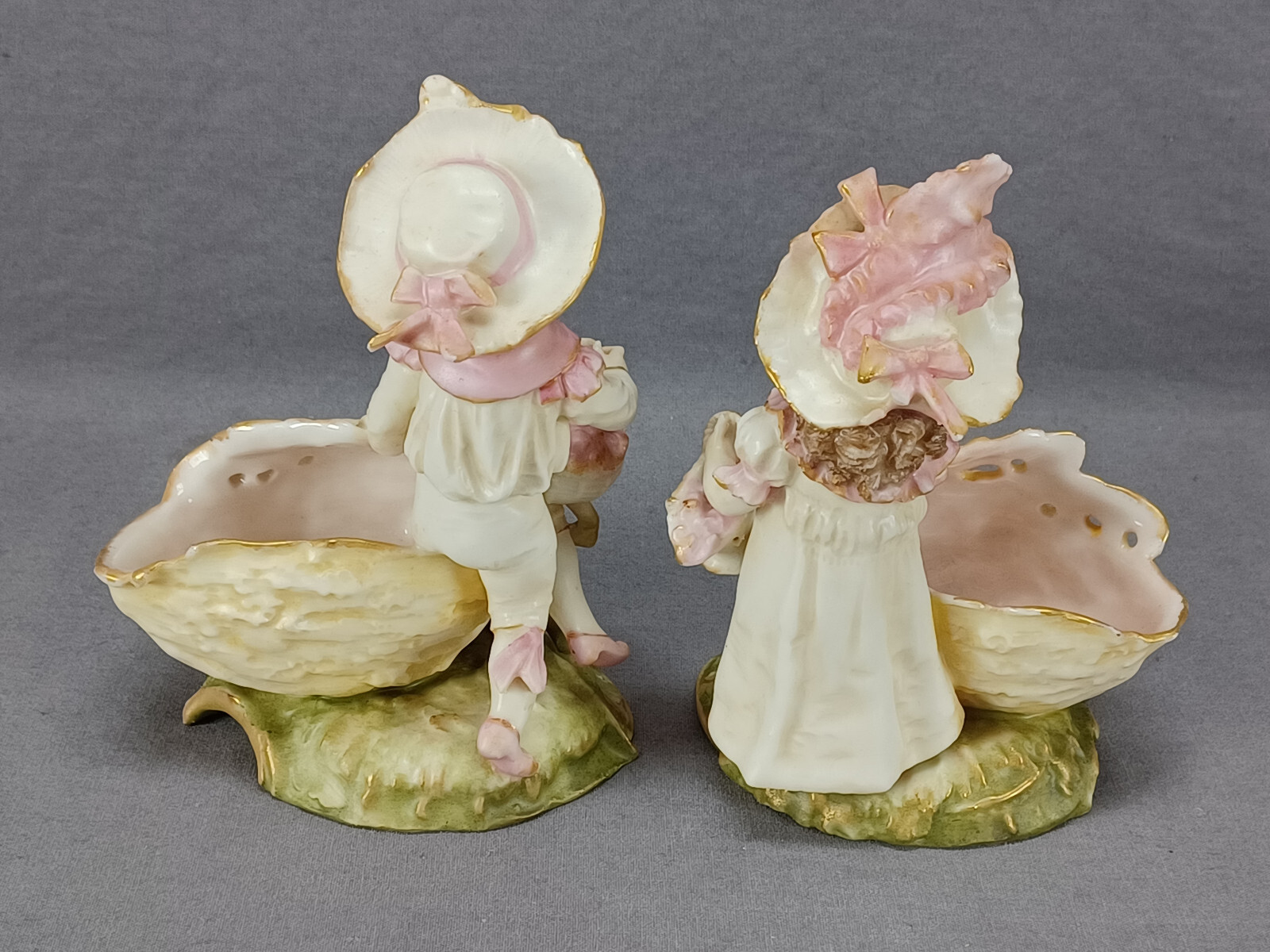 Pair of Ernst Wahliss Art Nouveau Children Floral Figurine Sweet Meat Dishes