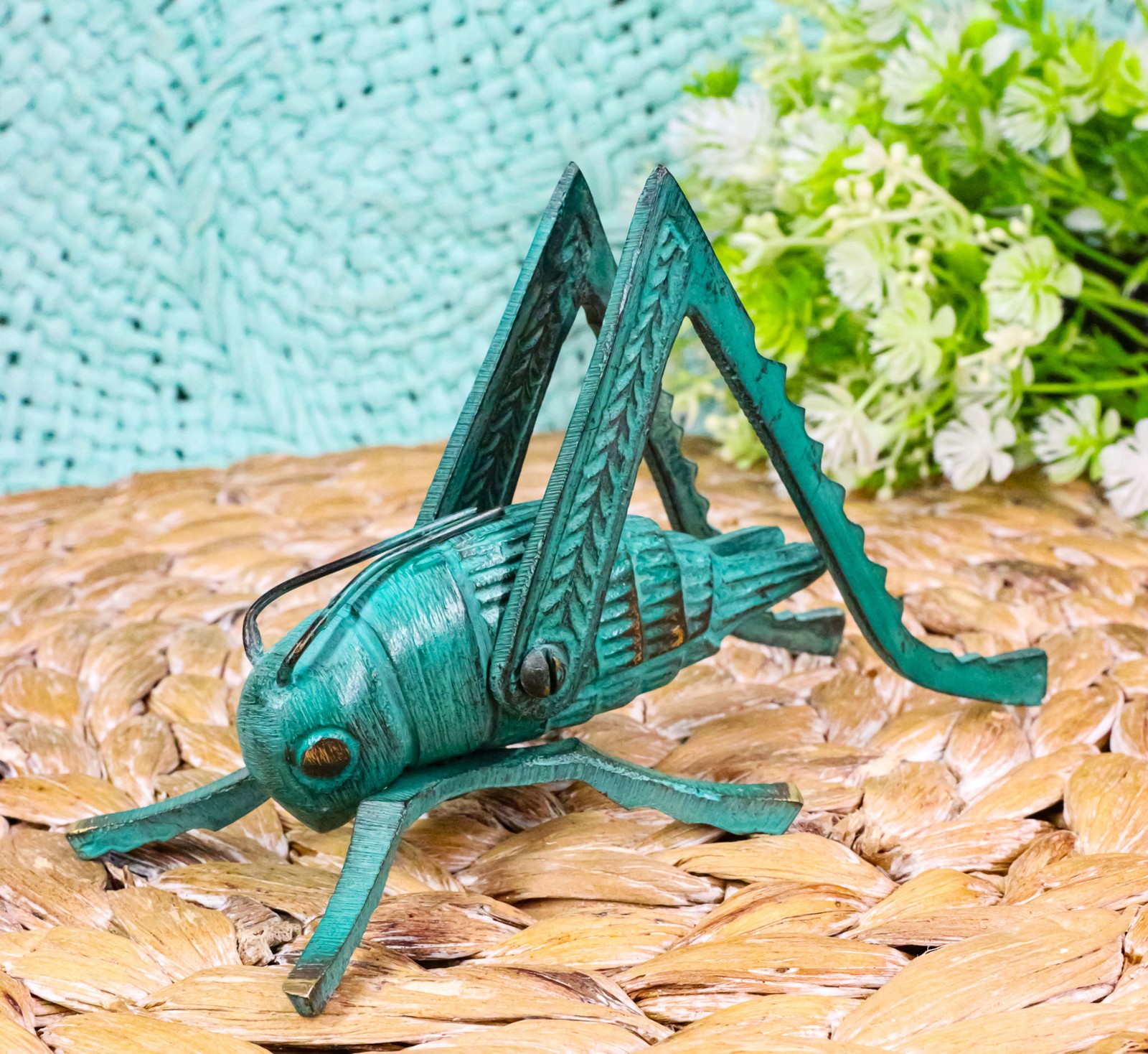 Antiqued Green Verdigris Solid Brass Medium Cricket Good Luck Sculpture 5.5″L