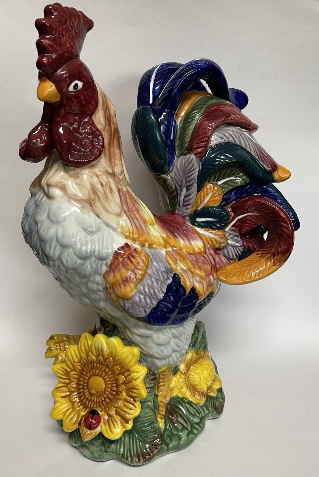 Ceramic Rooster on Sunflower Large Vintage J. Willfred Handpainted Sadek 15.5″