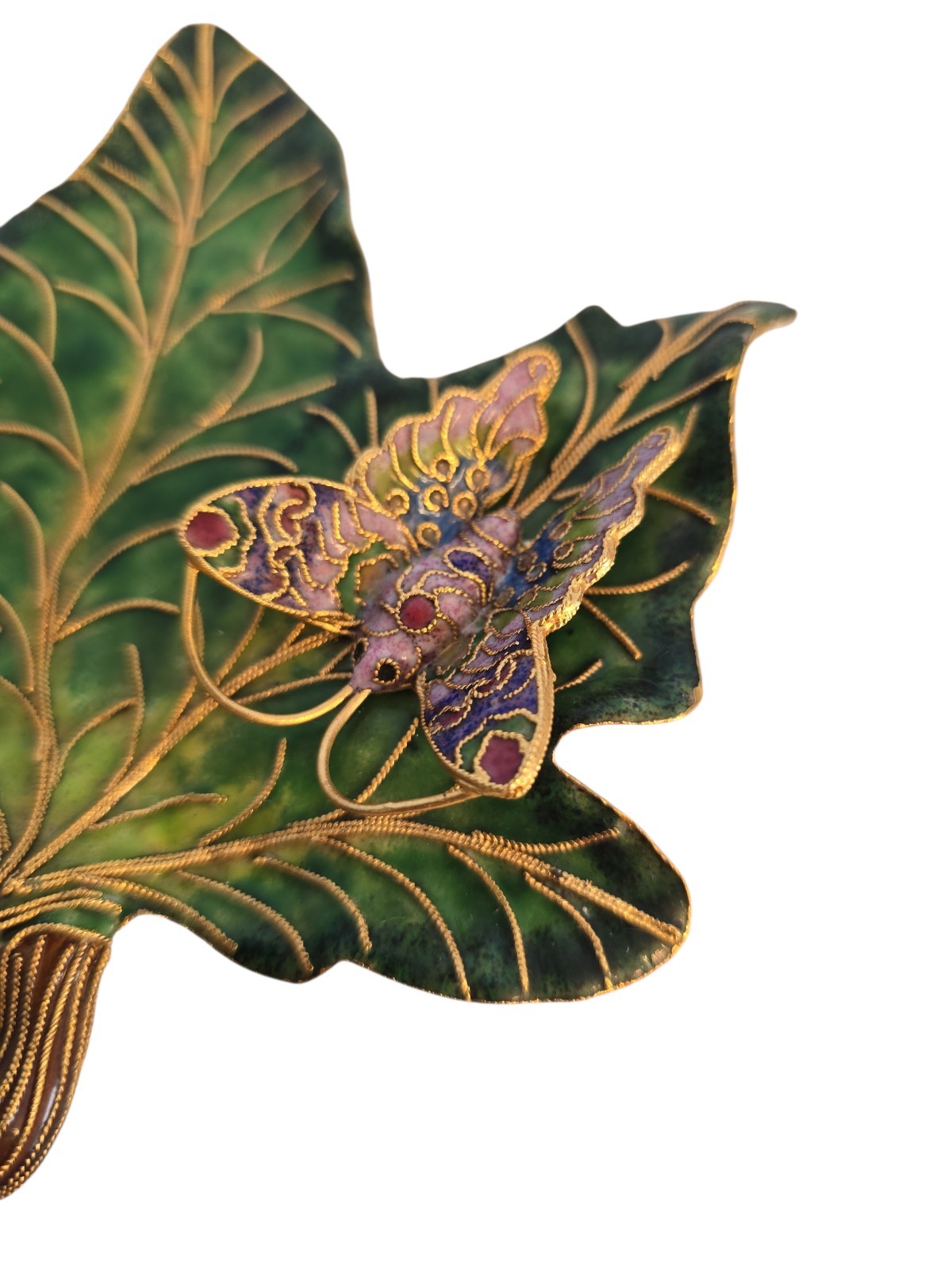 Cloisonne Enamel Leaf with Butterfly Figurine Decoration