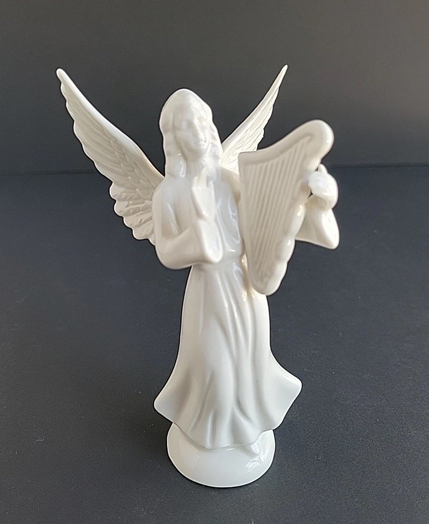 Vtg Angel Figurine Harp Player White Porcelain Crown D Germany 4.75” Religious