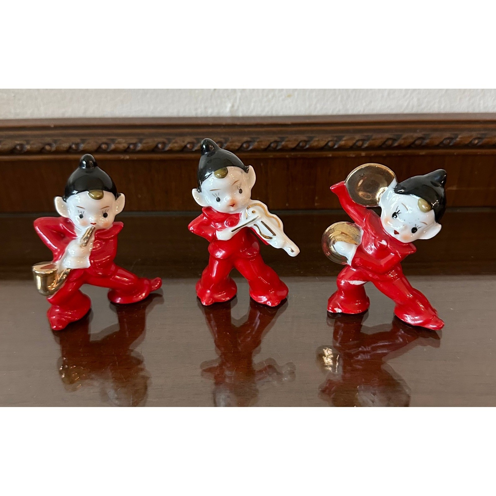 Vintage Red Ceramic Pixie Elf Musician Trio Japan Figurines Set of 3 Mid Century