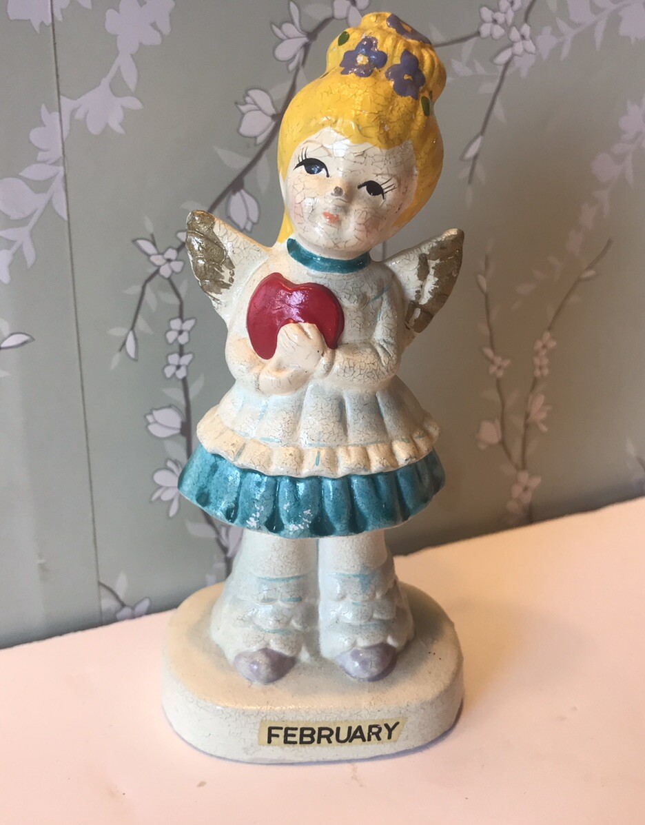 Vintage Unique February Birthday Girl Angel Figurine w/ Red Heart