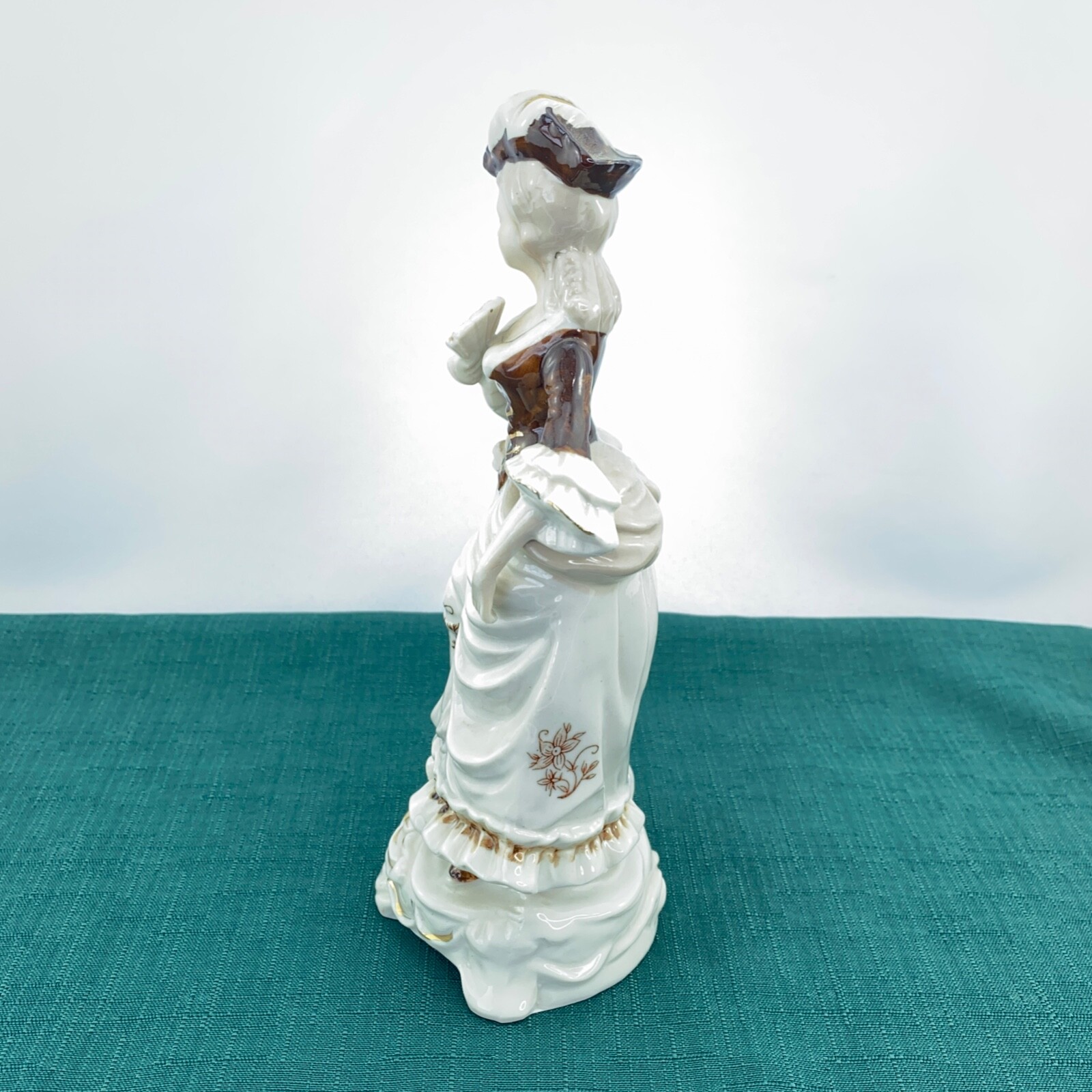 Victorian Lady Ceramic Figurine Statue Brown Lace Up Corset Dress Gold Accents