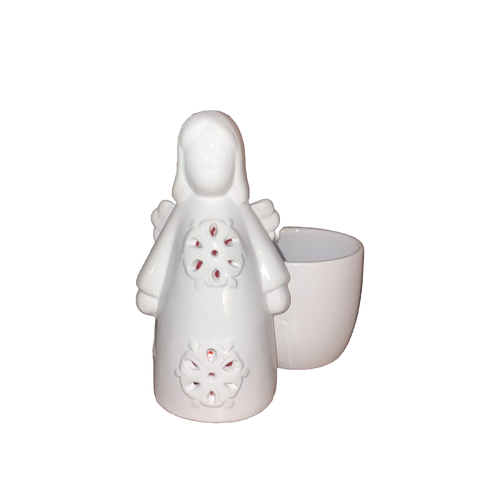 Vintage White Angel Girl Blinking Green And Red Light And A Cup On Her Left.6/5”