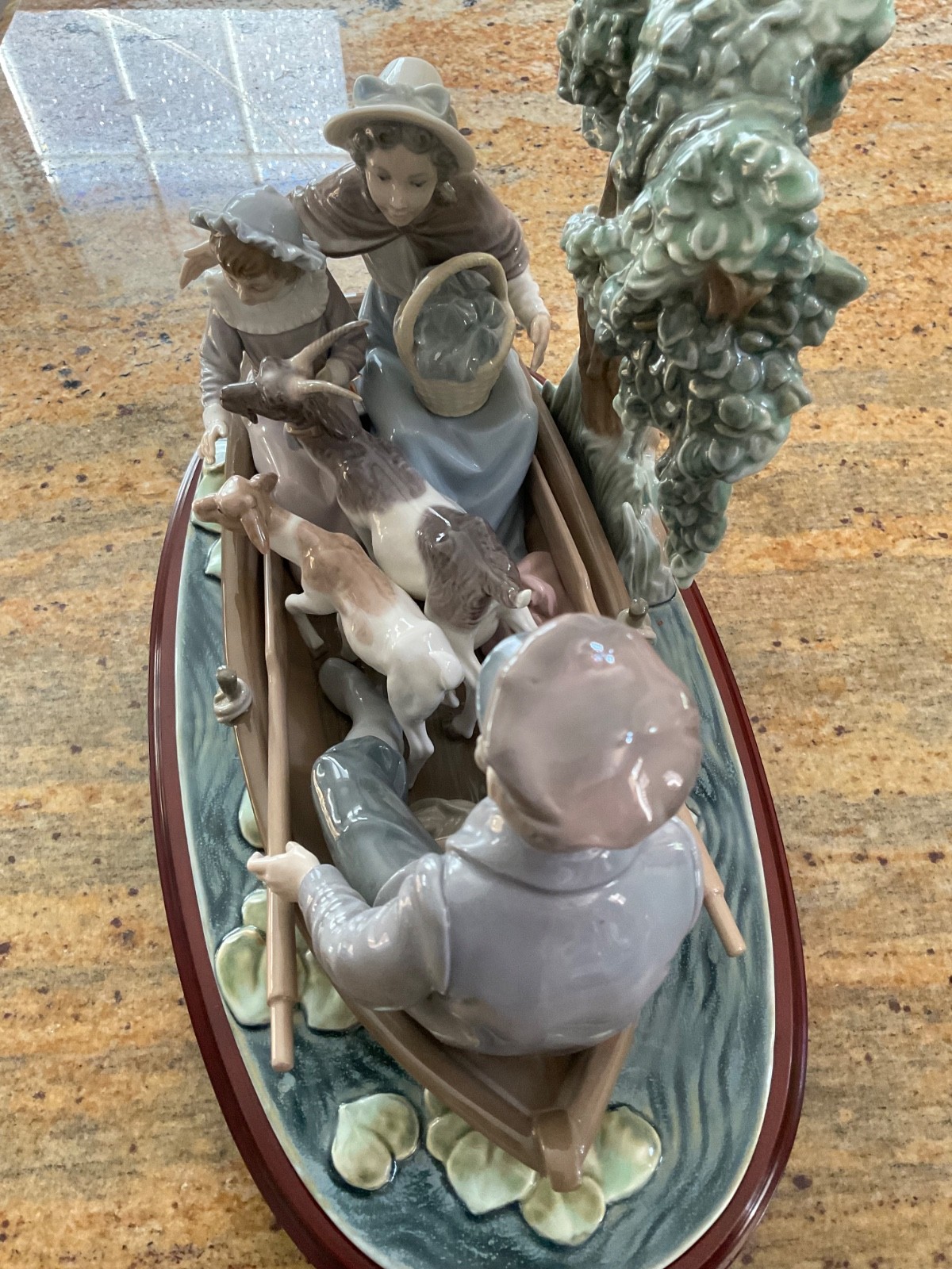Retired Lladro Porcelain Figurine “On the Lake” #5216, Man, Family, Goats Boat