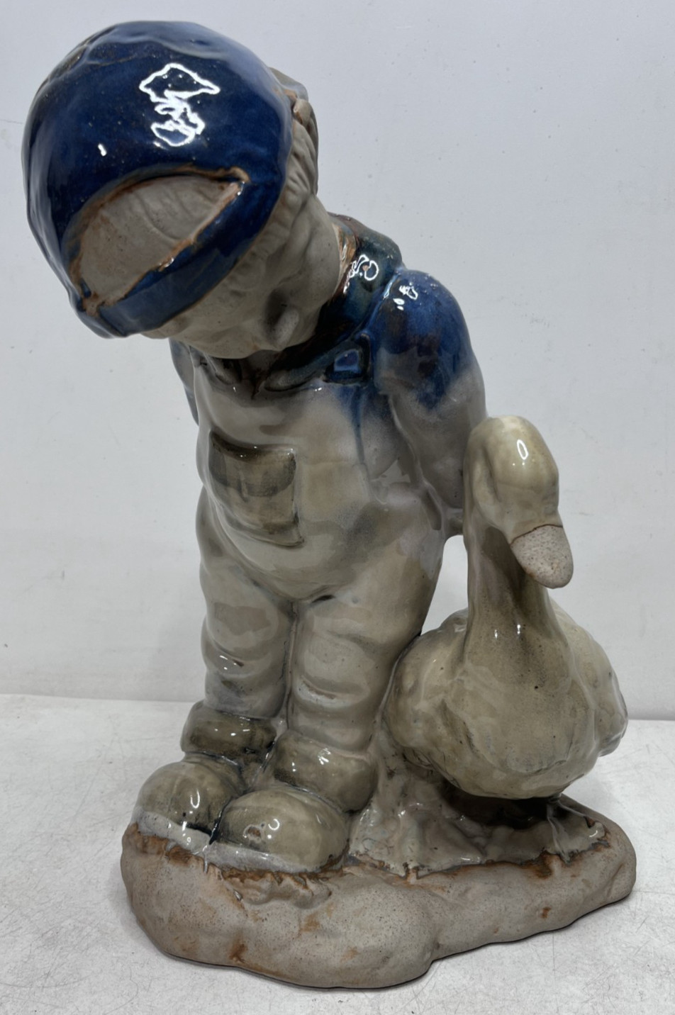 Vintage Ceramic Boy Goose Figurine 15” Hand-Glazed Child Figure Statue Blue Hat
