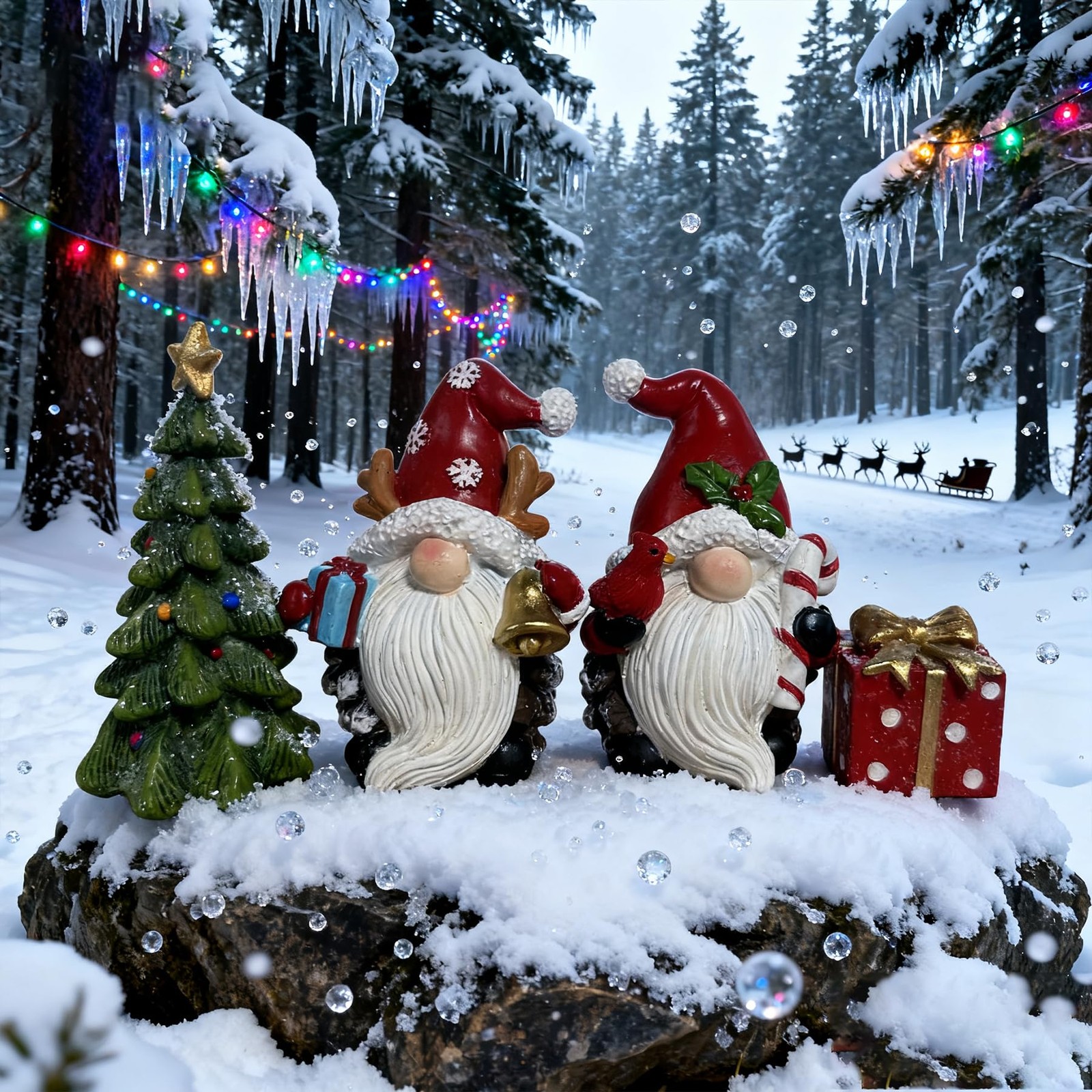 Handmade Christmas Resin Gnome Set with Mini Tree & Gift Box, Holiday Present