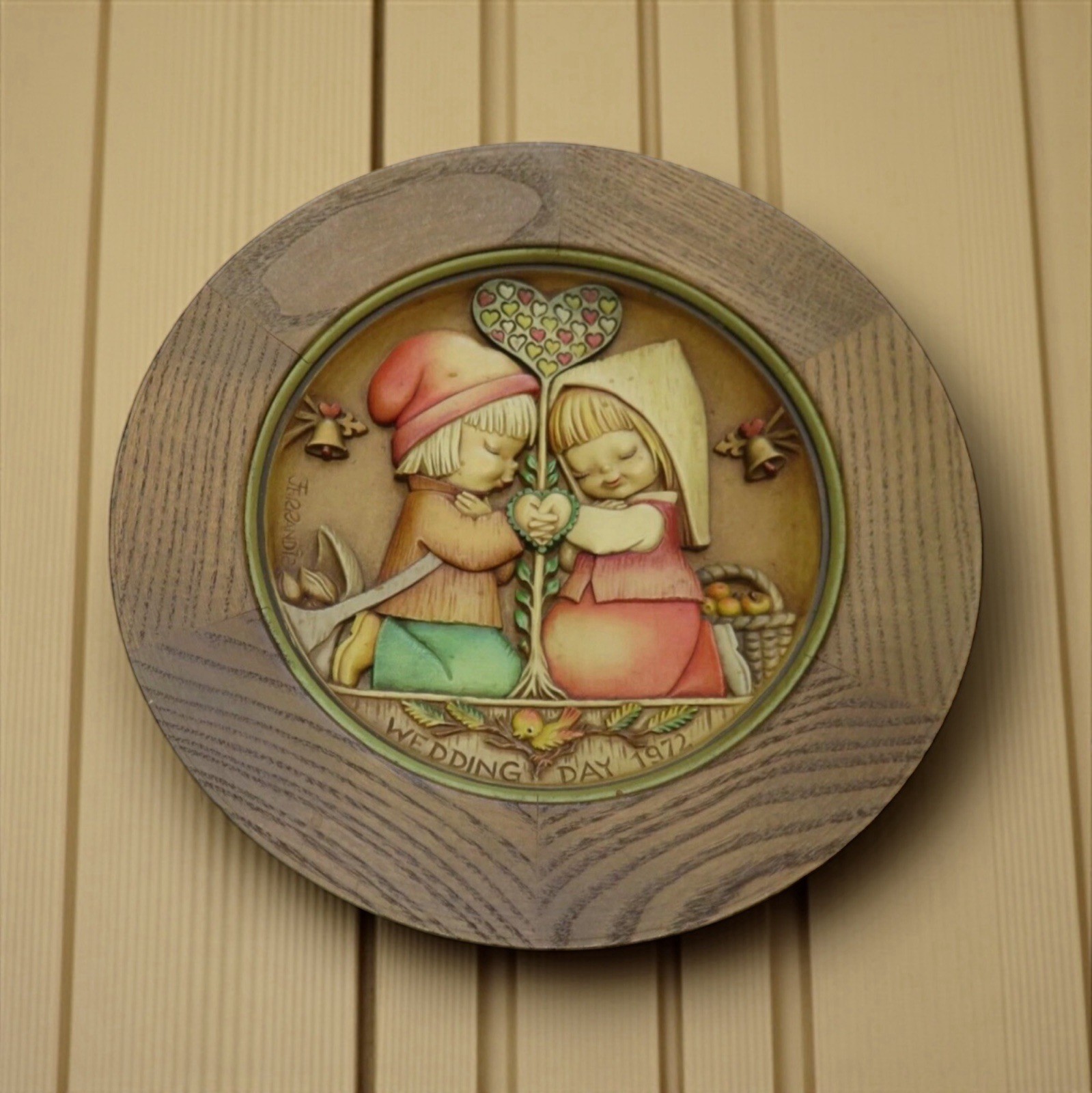 Anri Carved Wood Three-Dimensional Wall Plaque 1972 Wedding Day 9.25″