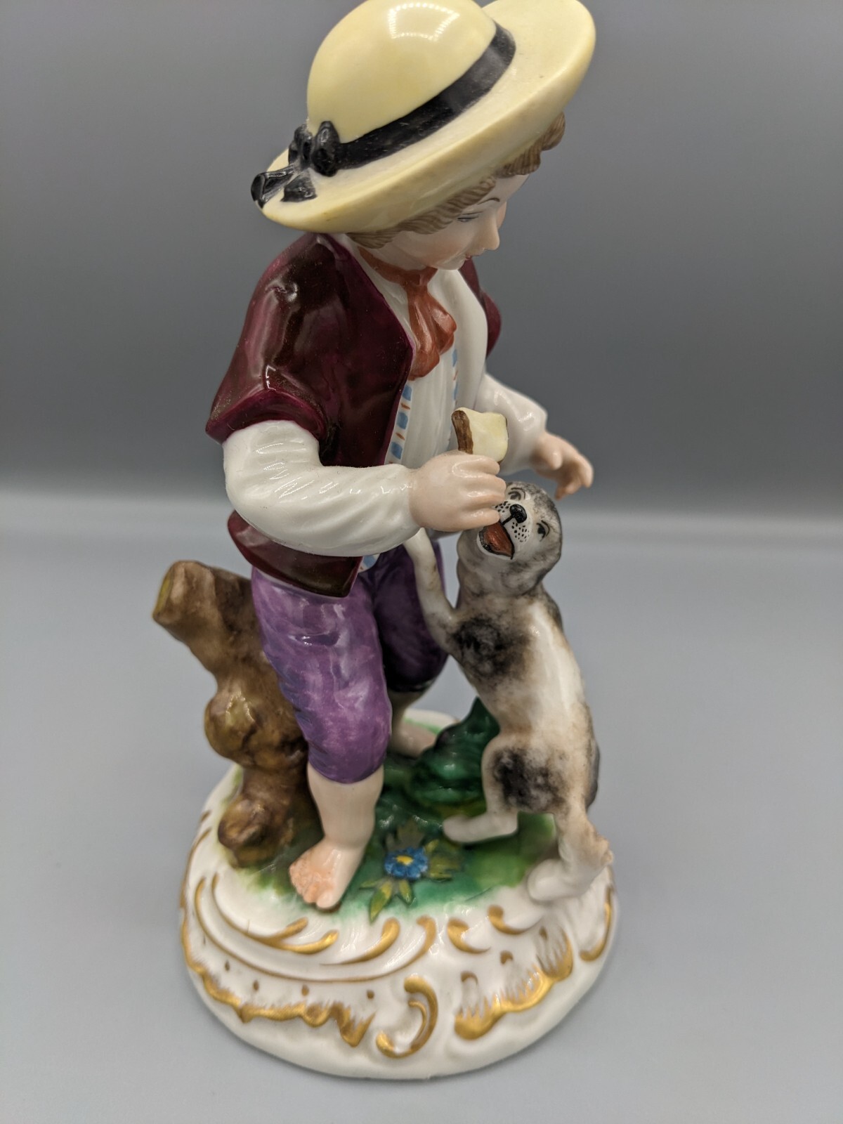 Antique German Volkstedt Ernst Bohne & Söhne Porcelain Figurine Boy W Dog 6″