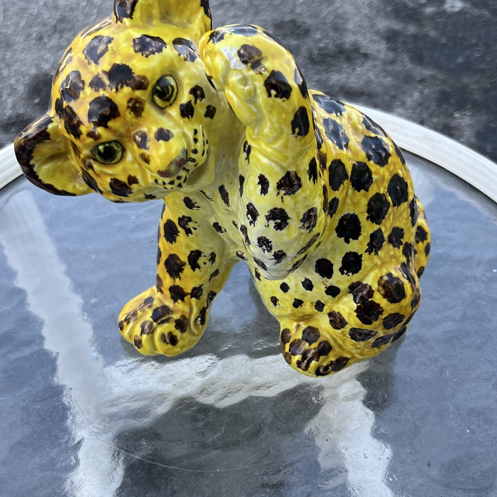 Vintage Ceramic Leopard Figurine Hand Painted Glazed Yellow Black Spotted Animal