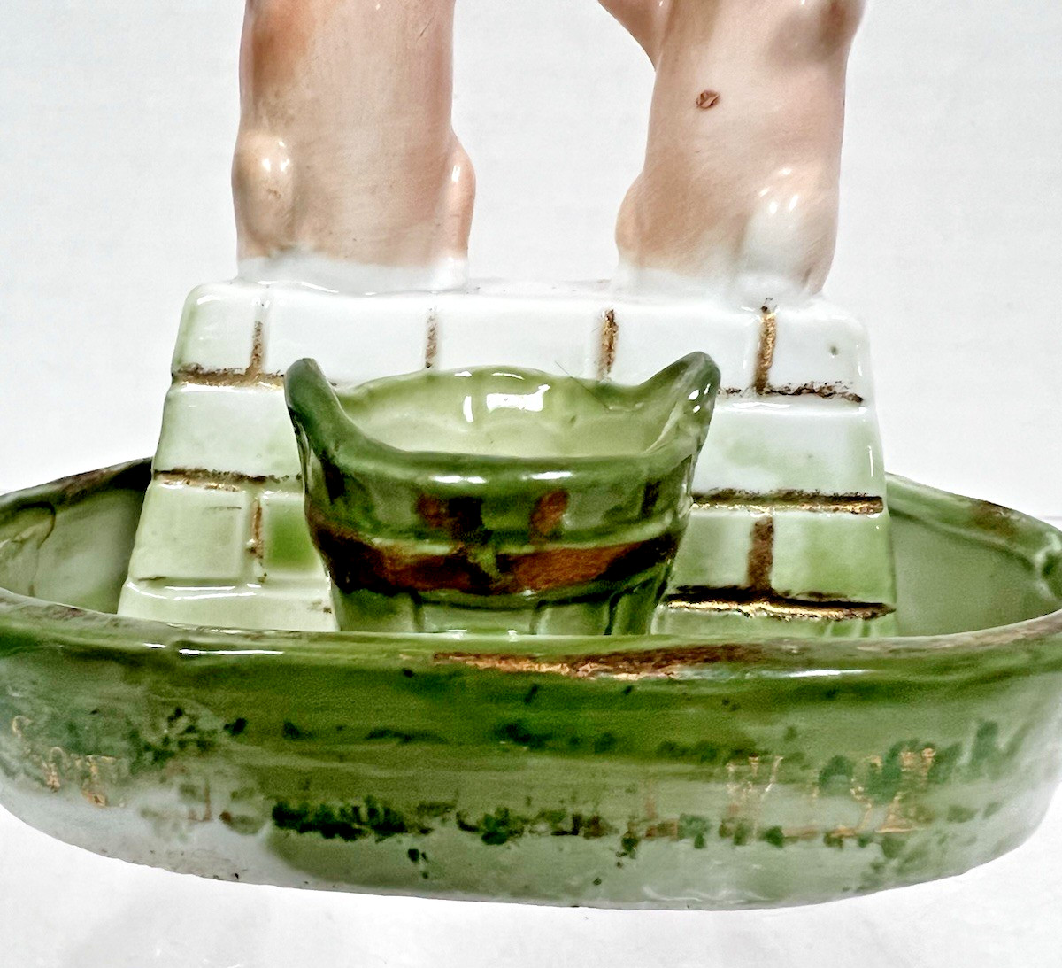 Antique German Pink Pigs Fairing Green Bucket White Wall Dish Toothpick Holder
