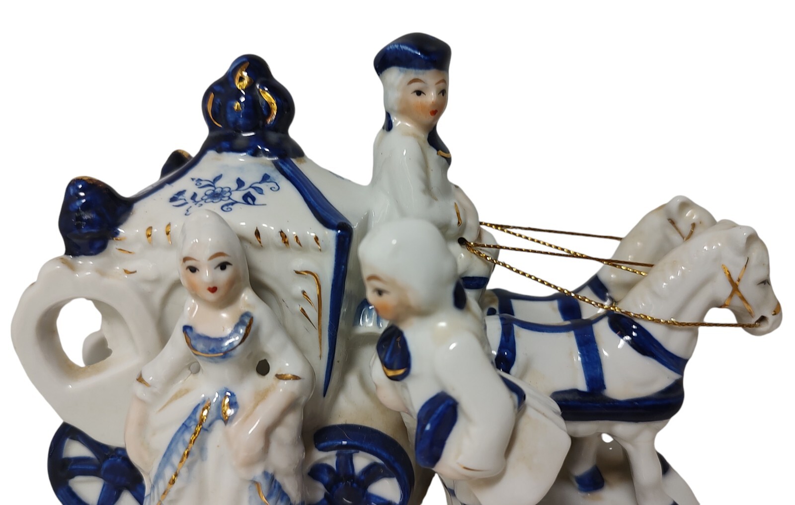 Vintage Colonial Figurine Cobalt Blue and White Porcelain Lady Coach Horses SEE