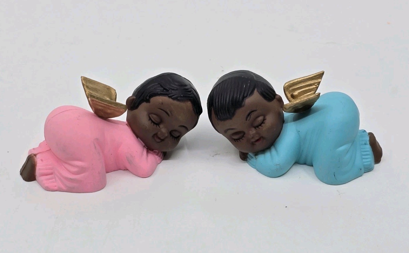 African American Sleeping Angel Figurines Boy & Girl 2.5″