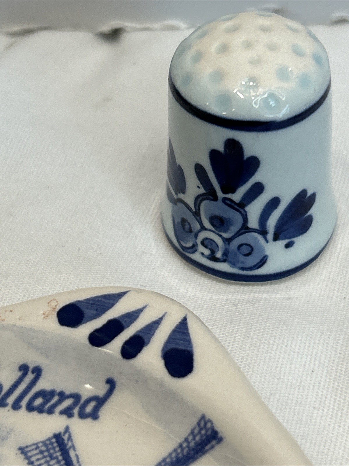 Delft 5 Items Thimble, Basket, Tea Bag Rest, Windmill,Plate Vintage Holland Blue